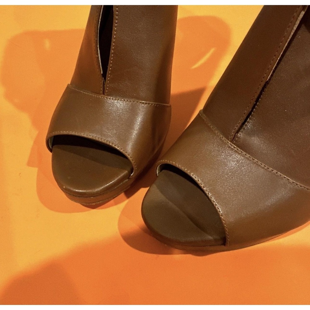MICHAEL Michael Kors Brown Leather Peep-Toe Ankle Booties with Gold Buckle - Picture 4 of 9